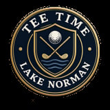 Tee Time Lake Norman logo featuring a golf ball and crossed clubs on a shield with water waves in navy and gold